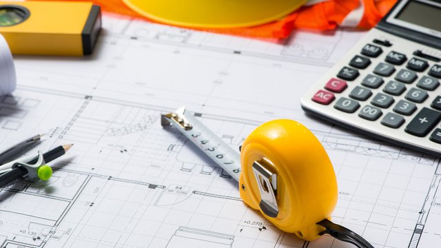 Measuring Tape, Calculator, Floor Plan, Pencils and Hardhat
