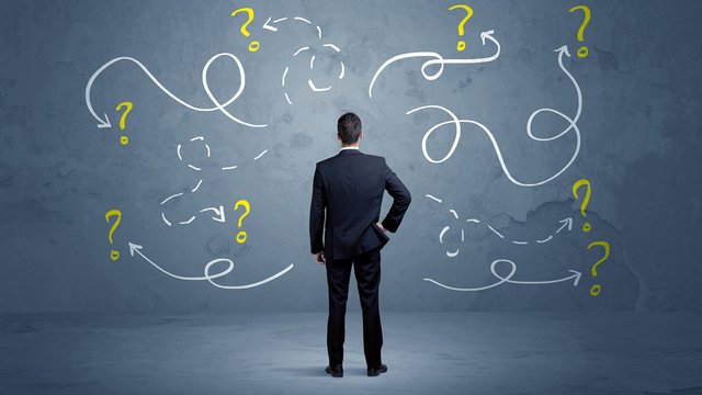 Blackboard, Looping Arrows, Question Marks, Decision Making, Confused